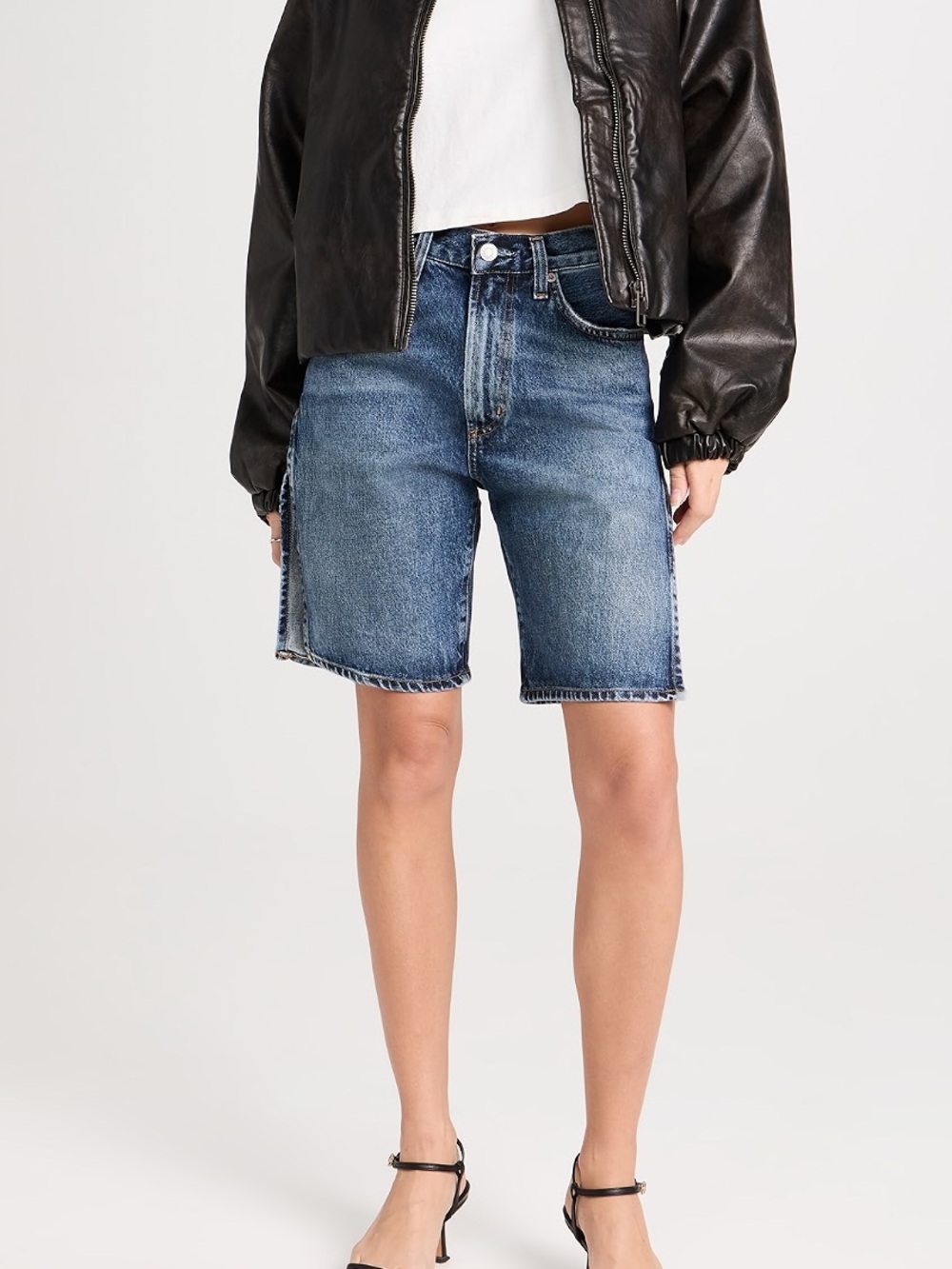 AGOLDE Vida High Rise Relaxed Straight Denim Bermuda Shorts Side Slits Control